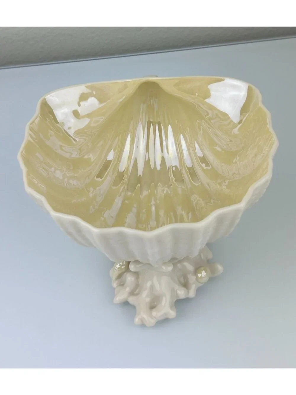Belleek Ireland Cardium Shell On Coral Base Compote Candy Pedestal Bowl Beige